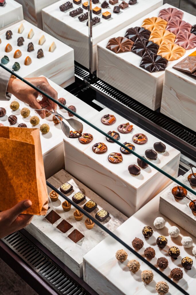 M Chocolate display of handmade chocolates