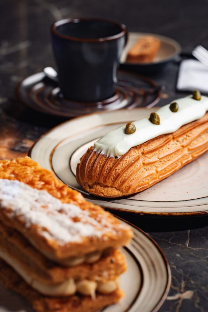 Pistachio éclair and mille-feuille with coffee