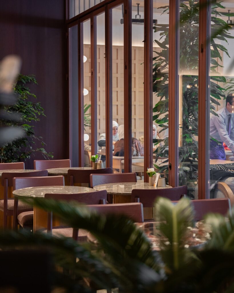 Seating area with wooden chairs