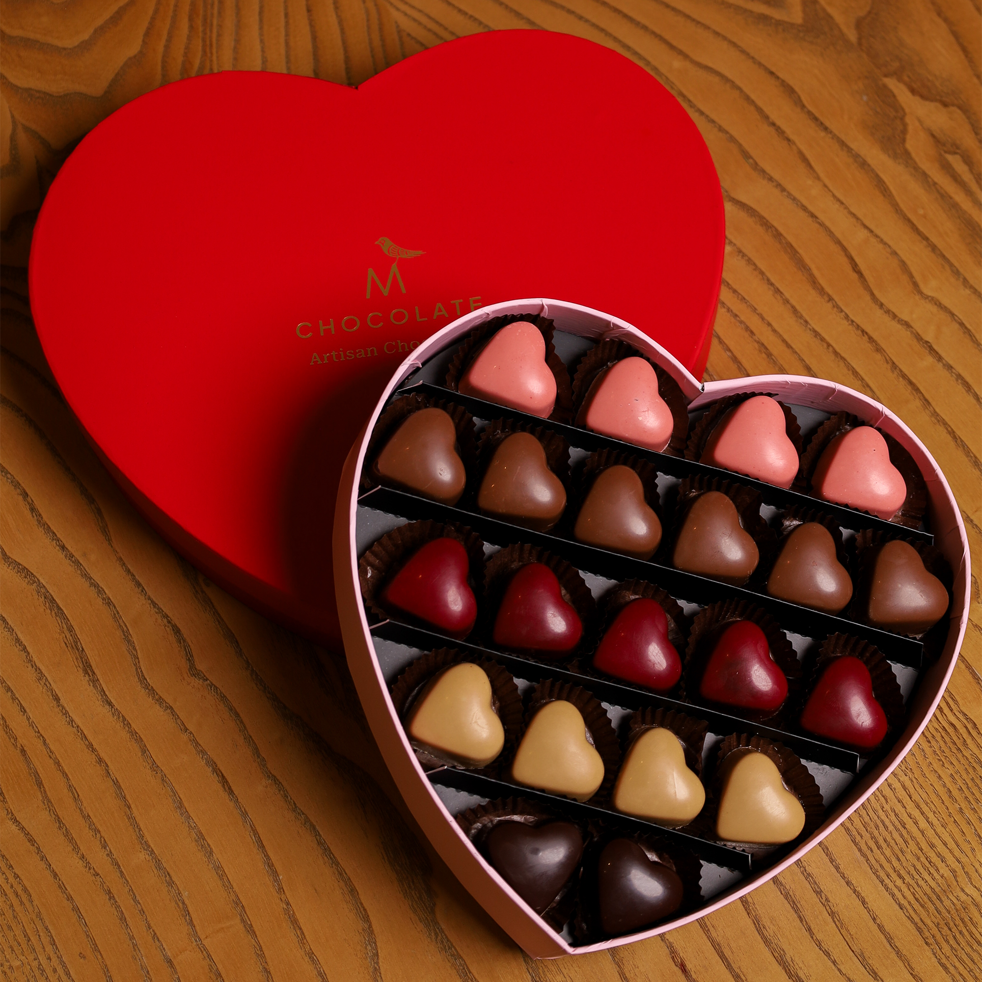 M Chocolate chocolates in a heart-shaped box